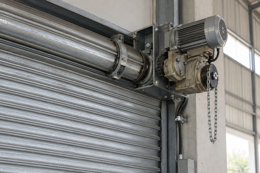 Motor e mecanismo de uma porta de enrolar de aço em ambiente industrial