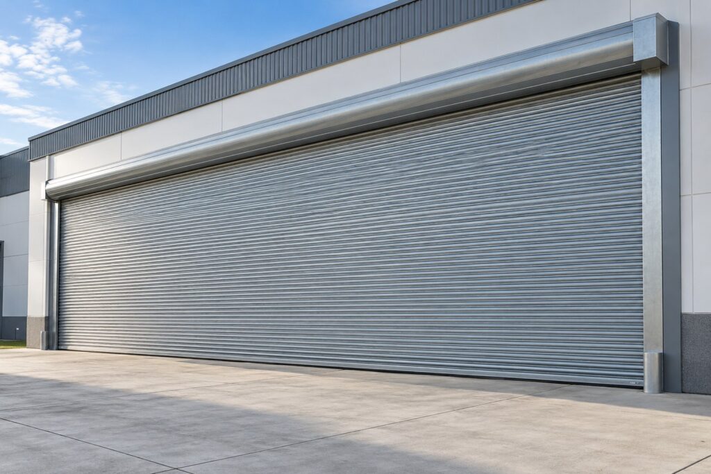 Porta de enrolar de aço galvanizado instalada em grande vão industrial