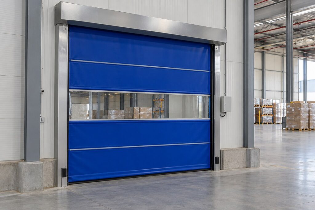 Porta rápida industrial azul com faixa transparente em centro logístico